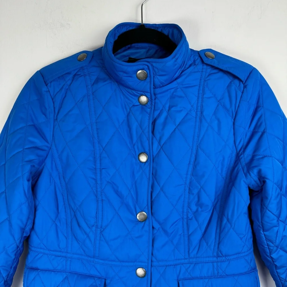 Talbots Diamond Quilted Jacket Sz Petite Cobalt Blue Button Snap Barn Chore